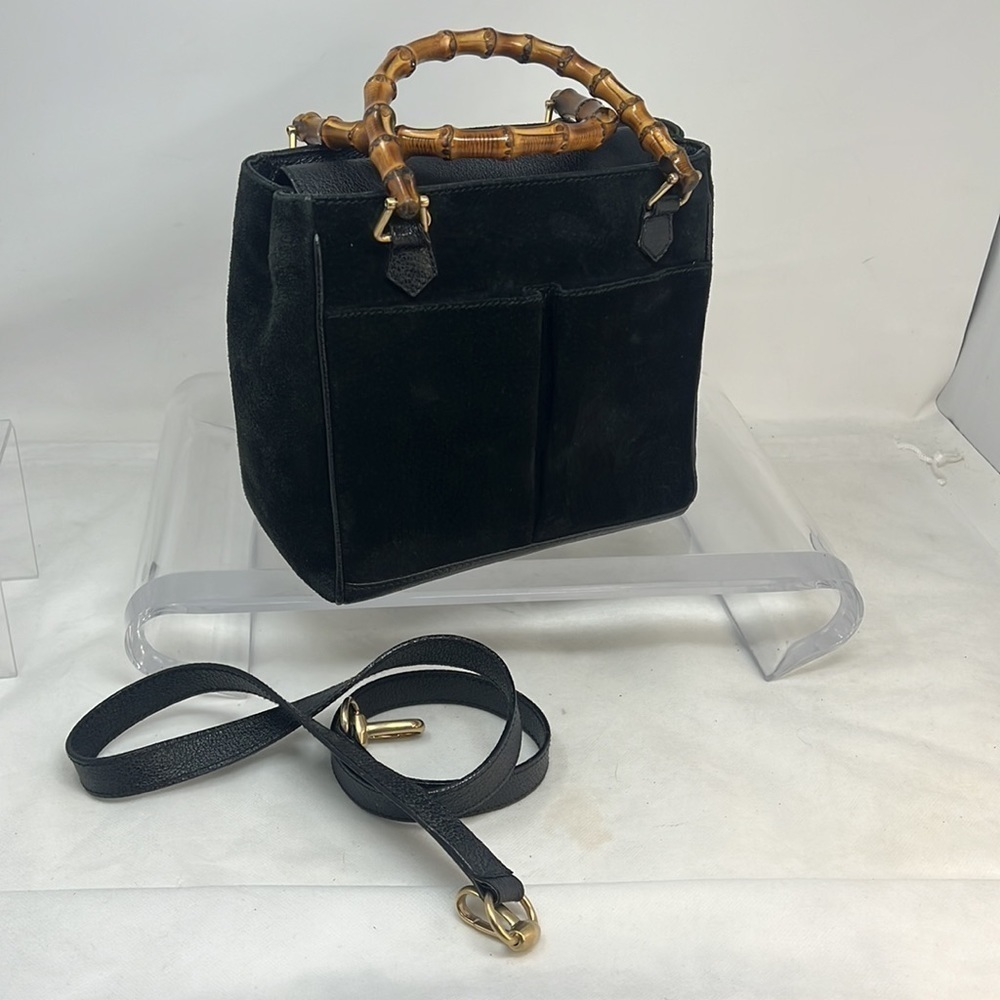 Gucci Black Diana Leather Suede Handbag Tote Bamboo Cross Body Shoulder Bag